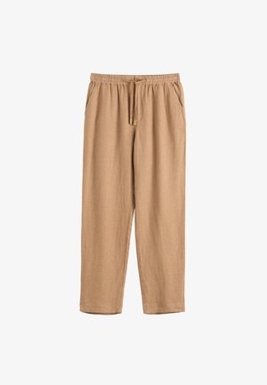 Laza szabású bézs színű len nadrág elasztikus derékpánttal, húzózsinórral, gombos záródással és oldalzsebekkel.