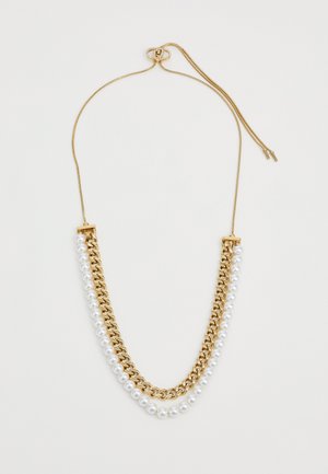 Gouden ketting met verstelbare sluiting, bestaande uit twee strengen: één van gouden schakels en één van witte ronde parels.