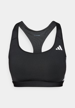 Sujetador deportivo negro con diseño de espalda de nadador, textura suave, branding ClimaCool y acentos blancos en el lado izquierdo.