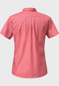 Kurzarmhemd in leuchtendem Pink mit einem Gittermuster in hellem Orange. Verfügt über einen Kragen und eine Falte hinten für mehr Bewegungsfreiheit.