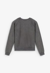 Gray sweatshirt with ribbed crew neck, long sleeves, and raw hem details. Features a soft, textured finish and raglan sleeve design.