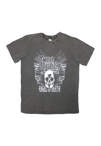 Gray cotton t-shirt featuring a white graphic of a skull with wings and text "Thin Lizzy Angel of Death" in a bold font. Short sleeves.