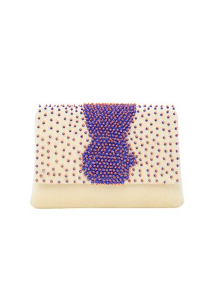 Beaded clutch in cream fabric with blue and orange spherical embellishments; features a prominent design accent in the center.