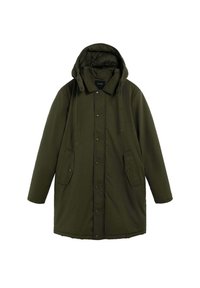 Parka de color verde oliva con capucha, botones de presión, dos bolsillos frontales y forro acolchado. Silueta recta y mangas largas.