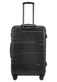 Valise rigide noire avec une surface texturée, dotée d'une poignée rétractable, de quatre roues et d'un design de lignes abstraites sur le devant.