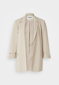 Beige dlouhý blazer s klopovým límcem, otevřeným předním dílem a manžetami s knoflíkem, vystavený na bílém pozadí.