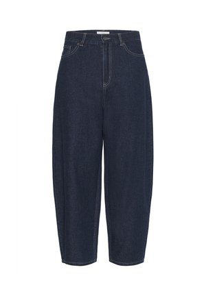 Pantalons en denim bleu foncé avec une coupe décontractée, dotés d'une taille haute, de poches avant et de détails de couture blanche contrastants.