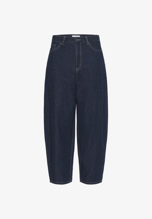 Mørkeblå denimbukser med en afslappet pasform, der har høj talje, forlommer og kontrasterende hvide syninger.