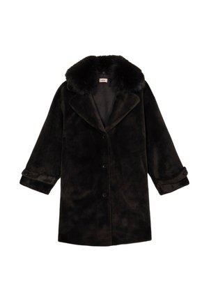 Abrigo de piel sintética negra con gran cuello, cierre de botones, mangas largas y correas en los puños, colocado plano sobre fondo blanco.