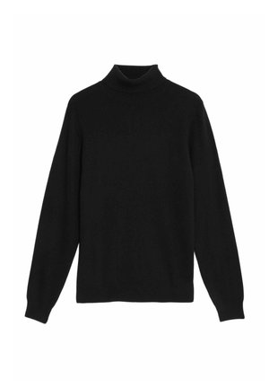 Černý rolák vyrobený z měkkého pleteného materiálu, s dlouhými rukávy a těsným límcem. Žádné viditelné vzory ani ozdoby.