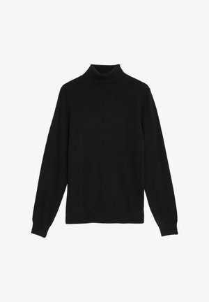 Černý rolák vyrobený z měkkého pleteného materiálu, s dlouhými rukávy a těsným límcem. Žádné viditelné vzory ani ozdoby.