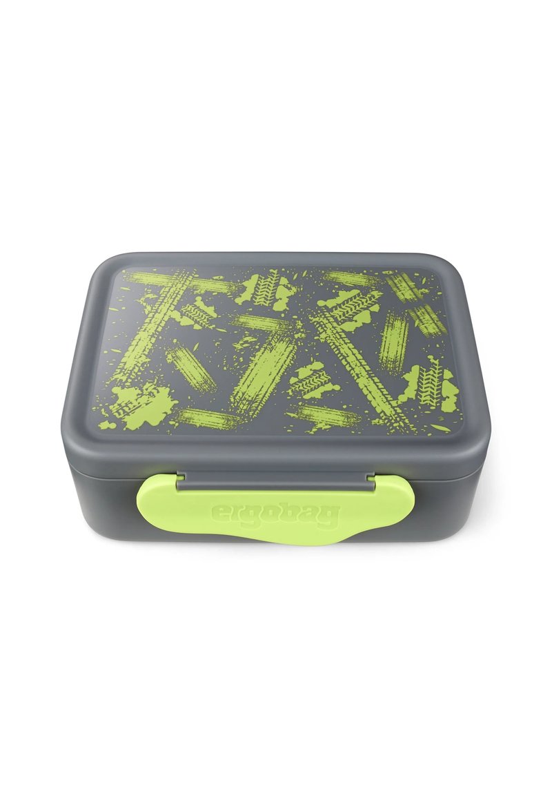 Gray lunch box with a lid featuring a lime green abstract pattern, secure green handle, and embossed “ergobag” logo. Durable plastic material.