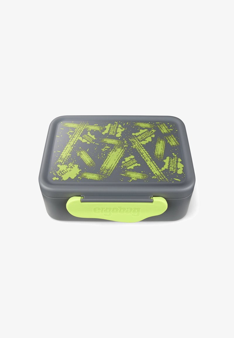 Gray lunch box with a lid featuring a lime green abstract pattern, secure green handle, and embossed “ergobag” logo. Durable plastic material.