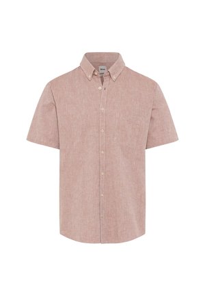 Short-sleeve, button-up shirt in light pink with a textured finish, a single chest pocket, and a classic collar design.