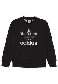 Svart sweatshirt i mjukt tyg med en stor, flerfärgad Adidas trefoil-logotyp med grafiska mönster och en ribbad rund halsringning.