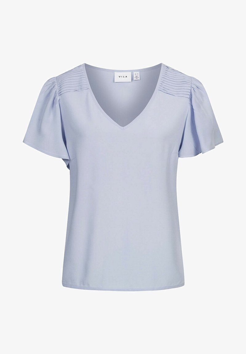 Light blue V-neck blouse with short, puffed sleeves, featuring gathered texture on the shoulders. Made from a smooth, lightweight fabric.