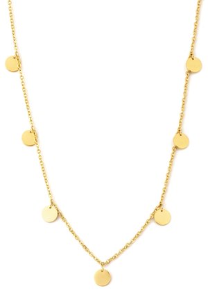 Collier chaîne en or avec sept petits pendentifs ronds en forme de disque répartis uniformément sur fond blanc.