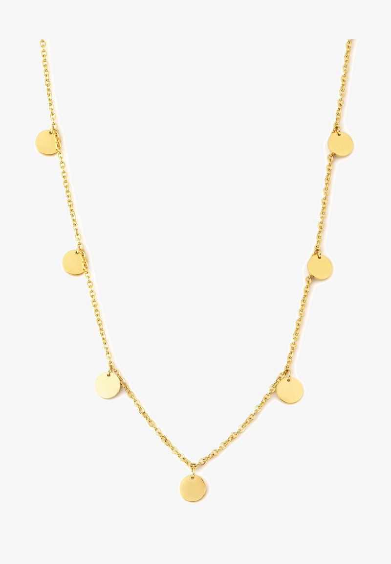 Collier chaîne en or avec sept petits pendentifs ronds en forme de disque répartis uniformément sur fond blanc.
