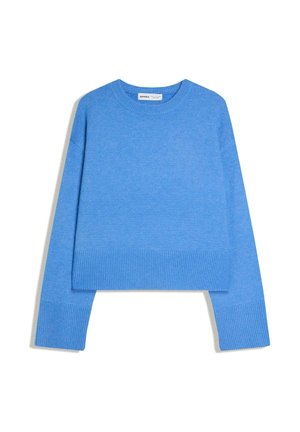 Plavi džemper s okruglim izrezom, dugim rukavima i rebrastim manšetama i rubom, položen ravno na bijelu pozadinu.