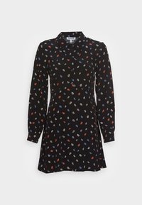 Czarna sukienka z kołnierzykiem, długimi rękawami i guzikami z przodu, ozdobiona wielobarwnymi wzorami w kształcie kropli przez całą powierzchnię.