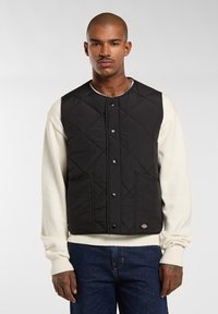 Chaleco negro acolchado con botones a presión, dos bolsillos frontales y un acento de logo. Llevado sobre un suéter crema, con cuello redondo y mangas largas.