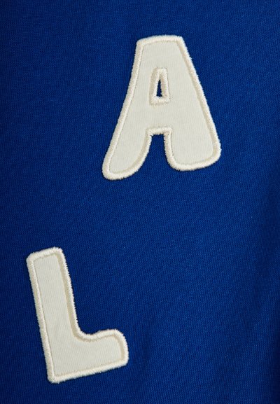 Λευκά κεντημένα γράμματα "A" και "L" σε μπλε ύφασμα, που δείχνουν λεπτομέρειες υφής της ραφής.