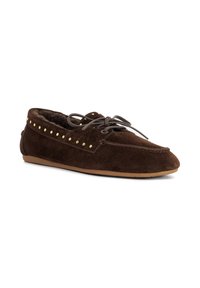 Brown suede slip-on moccasin shoe with round toe, lace detail, and gold-tone stud accents along the side. Soft inner lining for comfort.