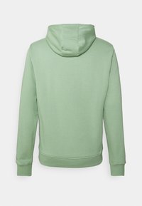 Mátově zelená mikina s kapucí, měkká tkanina, klokaní kapsa, žebrované manžety, fitted spodní lem a kapuce se šňůrkou, s jednoduchým, nezdobeným designem.