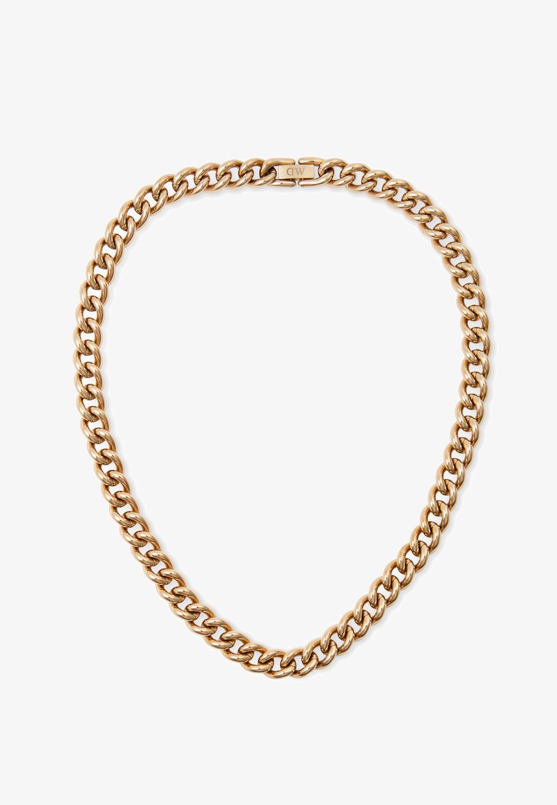 Collana in metallo dorato a catena con grandi anelli intrecciati e un gancio sicuro. Superficie liscia e lucida con una finitura lucida.