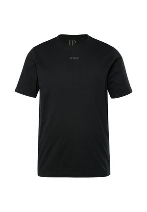 Zwarte T-shirt met korte mouwen van zachte katoen, voorzien van een ronde hals en een klein gedrukt logo "JP1880" op de voorkant. Soepele textuur.