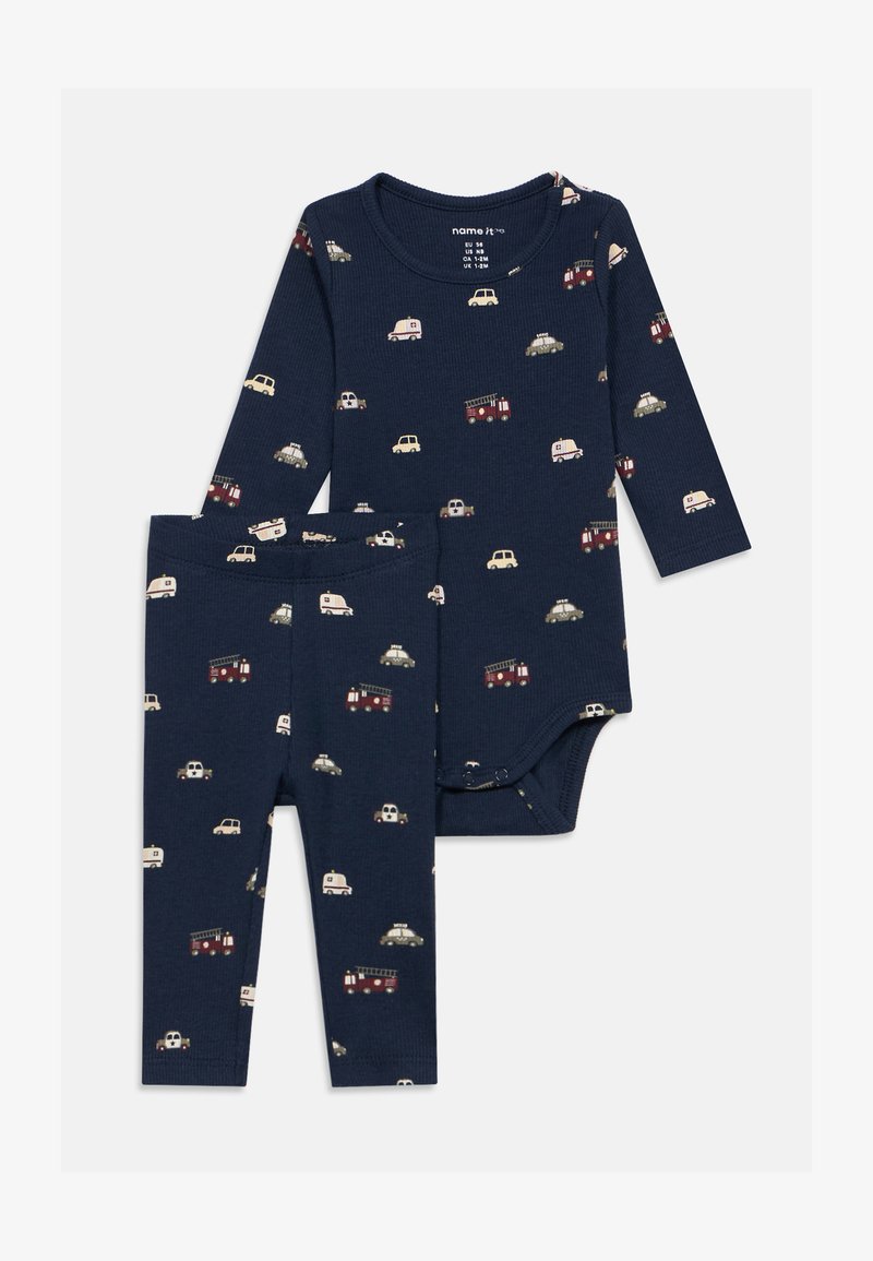 Completo di body a maniche lunghe e leggings blu navy con stampa di auto ripetuta. Tessuto a coste con chiusura a pressione sul body.