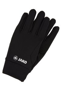Des gants noirs en matériau doux présentent un ajustement snug, des détails de prise texturés sur les doigts, et un logo blanc.