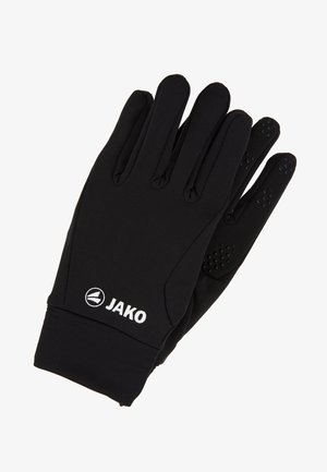 Schwarze Handschuhe aus weichem Material bieten eine enge Passform, strukturierte Griffdetails an den Fingerspitzen und ein weißes Logo.