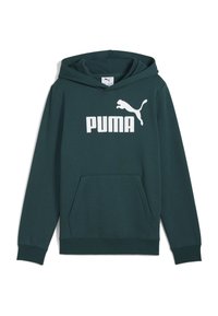 Tmavozelená mikina s kapucňou vyrobená z jemnej látky, s klokankou a výrazným bielym logom Puma na hrudi.