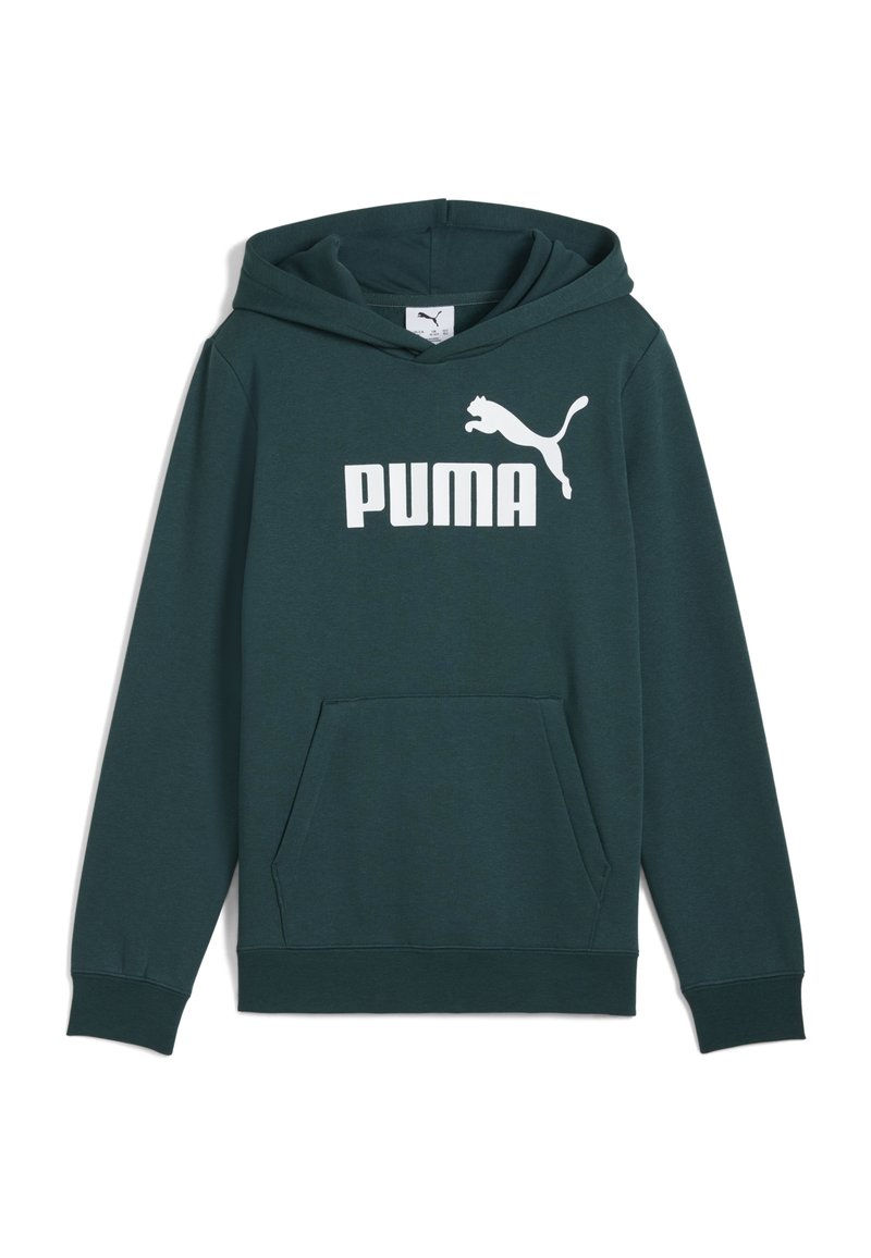 Tmavozelená mikina s kapucňou vyrobená z jemnej látky, s klokankou a výrazným bielym logom Puma na hrudi.