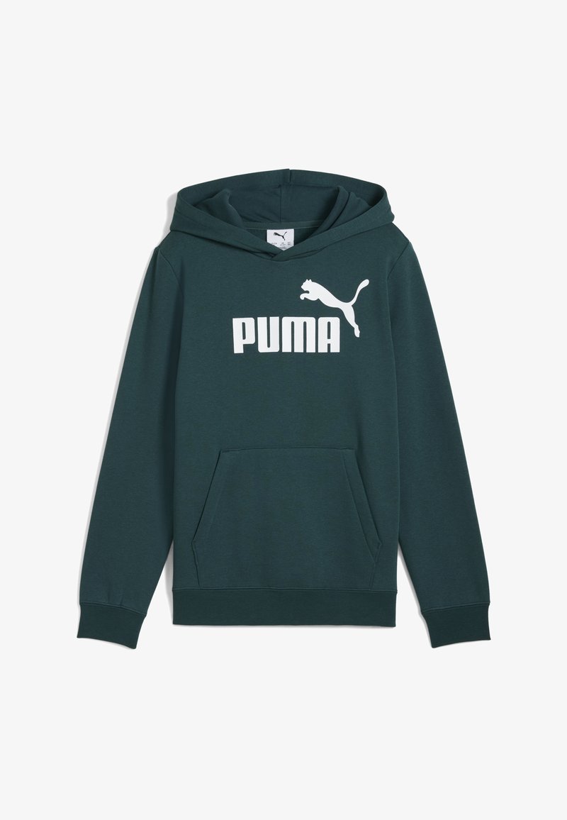 Mörkgrön hoodie av mjukt material, med en känguruficka och en framträdande vit Puma-logga på bröstet.