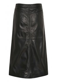 Black leather A-line skirt, knee-length, featuring smooth texture, seam detailing, and a clean cut hem. No pockets or embellishments.