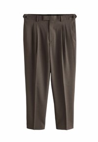 Braune, gefaltete Hose mit taillierter Passform, aus glattem Stoff gefertigt, mit einem Bund und Knopfverschluss sowie geraden Beinen.