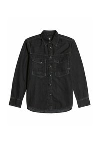 Camisa de mezclilla negra con mangas largas, cuello puntiagudo, dos bolsillos en el pecho y cierre de botones. Presenta un corte regular y costuras en contraste.
