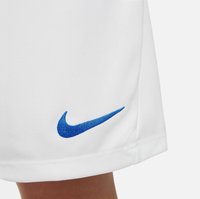 Shorts Nike en tissu blanc avec un logo swoosh bleu brodé près de l'ourlet, d'une texture lisse et légère.
