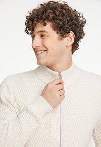 Krämsfärgad zip-up tröja med hög krage, texturerat diamantstickmönster och ribbade ärmslut, som visar en avslappnad passform.