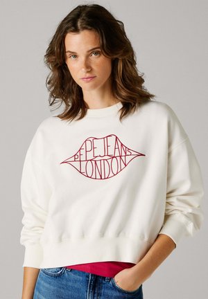 Roomkleurige sweatshirt met een rode lippenafbeelding en de tekst "Pepe Jeans London". Het heeft een losse pasvorm, geribde manchetten en een ronde hals.