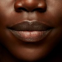 Nahaufnahme von glatter, dunkelbrauner, strukturiertem Haut mit vollen Lippen, die durch sanfte Schattierungen und einen natürlichen Glanz hervorgehoben werden, um Konturen und Textur zu betonen.
