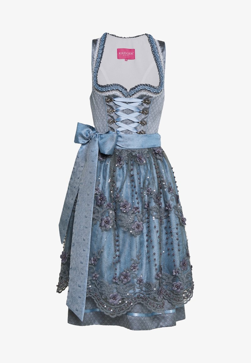 Robe traditionnelle bleue de dirndl avec corsage à lacets, large ceinture nouée en nœud, et tablier brodé de fleurs orné de perles et de sequins.