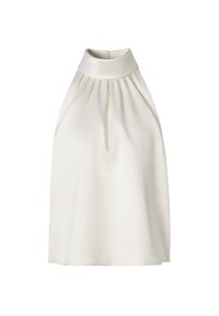 Haalterneck-tyylinen hihaton toppi sileässä kermaisen värisessä kankaassa, jossa on poimutuksia etuosassa, korkea kaulus ja suora helma.