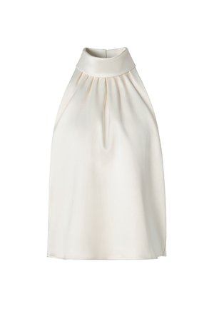 Haalterneck-tyylinen hihaton toppi sileässä kermaisen värisessä kankaassa, jossa on poimutuksia etuosassa, korkea kaulus ja suora helma.