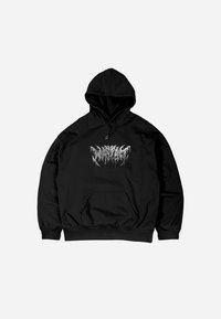 Black hoodie made of cotton, featuring a front pocket and a drawstring hood. It has a silver graphic logo on the chest.