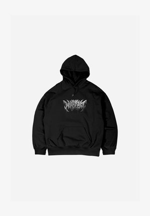 Black hoodie made of cotton, featuring a front pocket and a drawstring hood. It has a silver graphic logo on the chest.