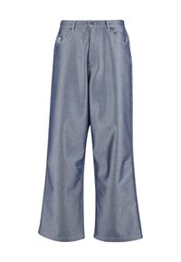 Svetlo modre široke kavbojke z visokim pasom, sprednjimi žepi in vidnimi šivi, z zapenjanjem na gumb in zadrgo.