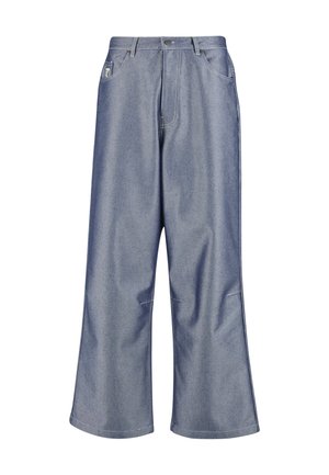 Hele sinised laia lõikega teksapüksid kõrge vöökohaga, ees taskud ja nähtavad õmblused, sulguvad nööbi ja lukuga.